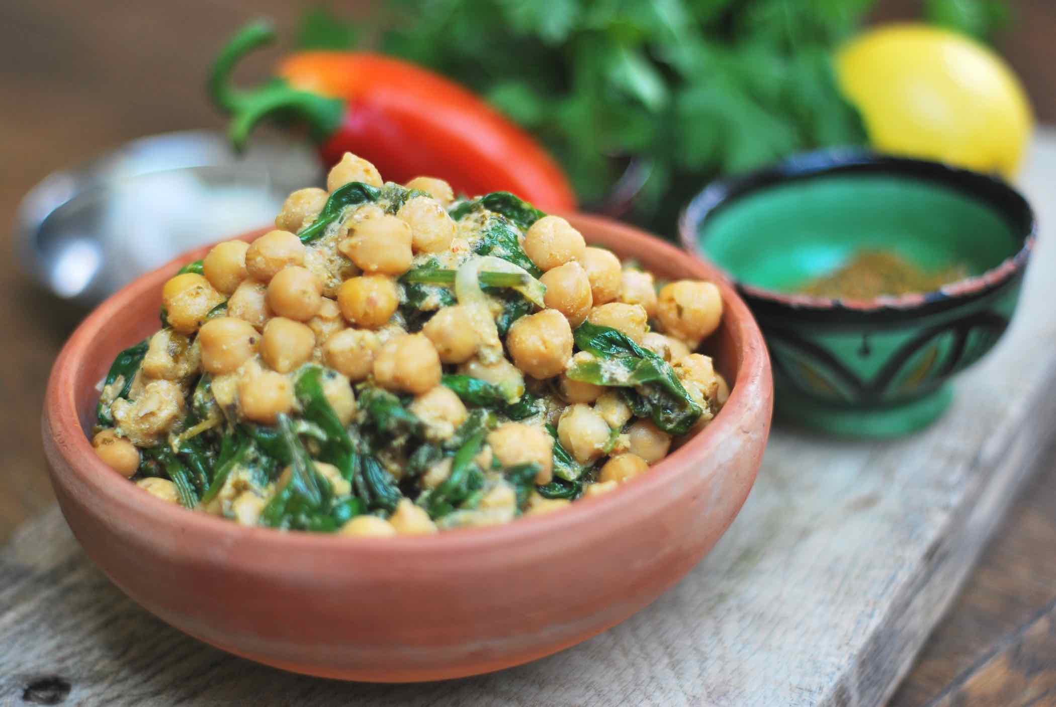 Chickpeas and spinach with chermoula - Natural Cookery School.